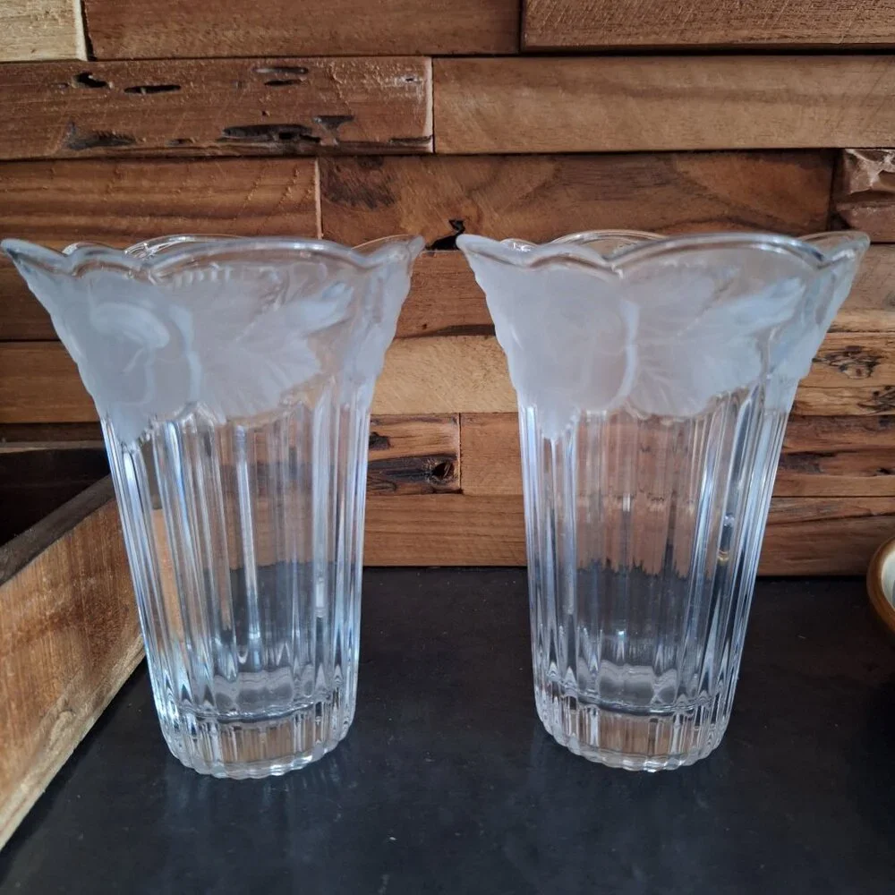 Studio Nova‎ Japan Etched Crystal Pair Floral Vase Set Of 2 Matching Vintage